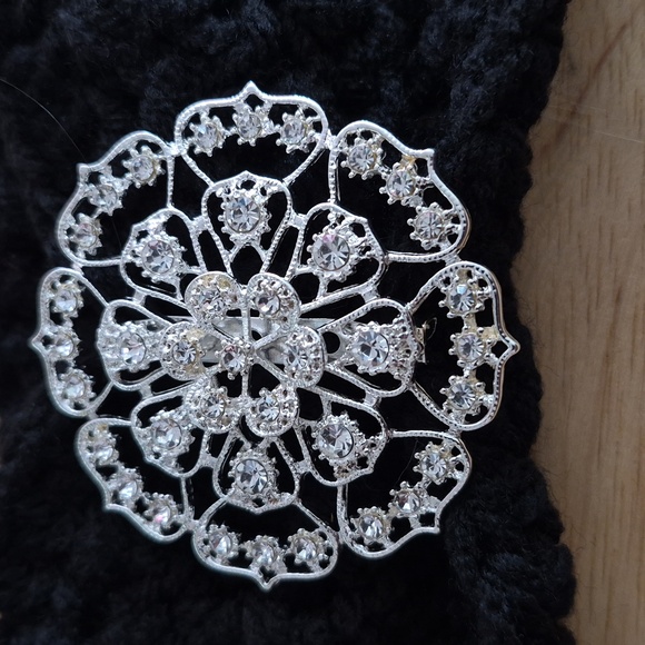 Black Crocheted Headband with Silver Brooch Accent - Picture 2 of 4